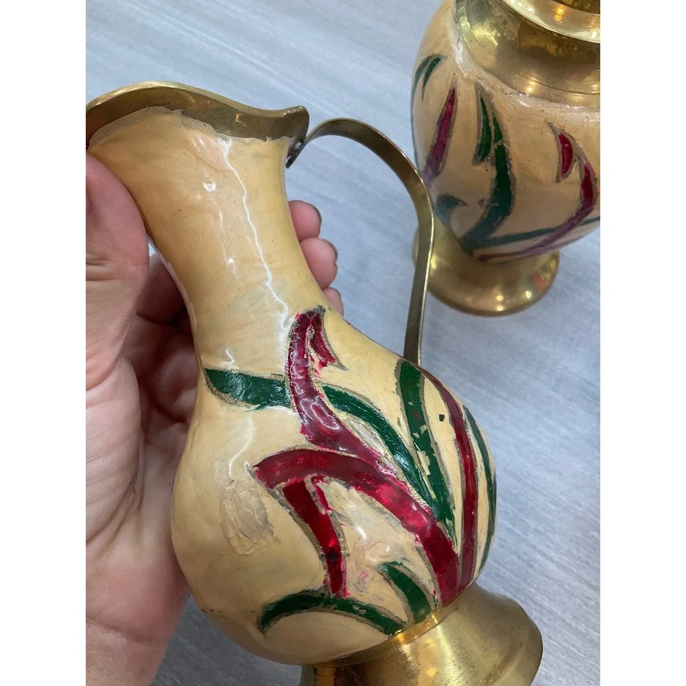 VINTAGE INDIAN BRASS HAND PAINTED ENAMEL JAR PITCHER AND VASE‎